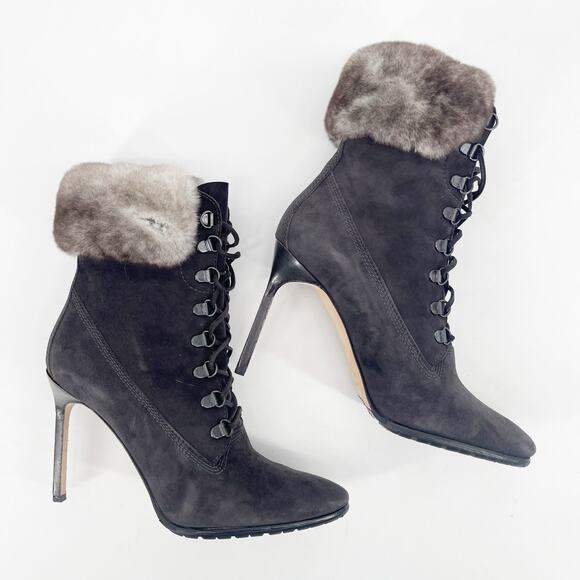 Manolo Blahnik Y2K Oklamod Dark Taupe Suede Fur Trim Lace Up Ankle Boots IT 38 - Picture 3 of 11